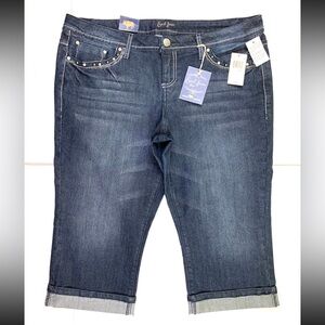 Earl Jeans Blue Denim Studded Embroidered Cropped Capri 38in